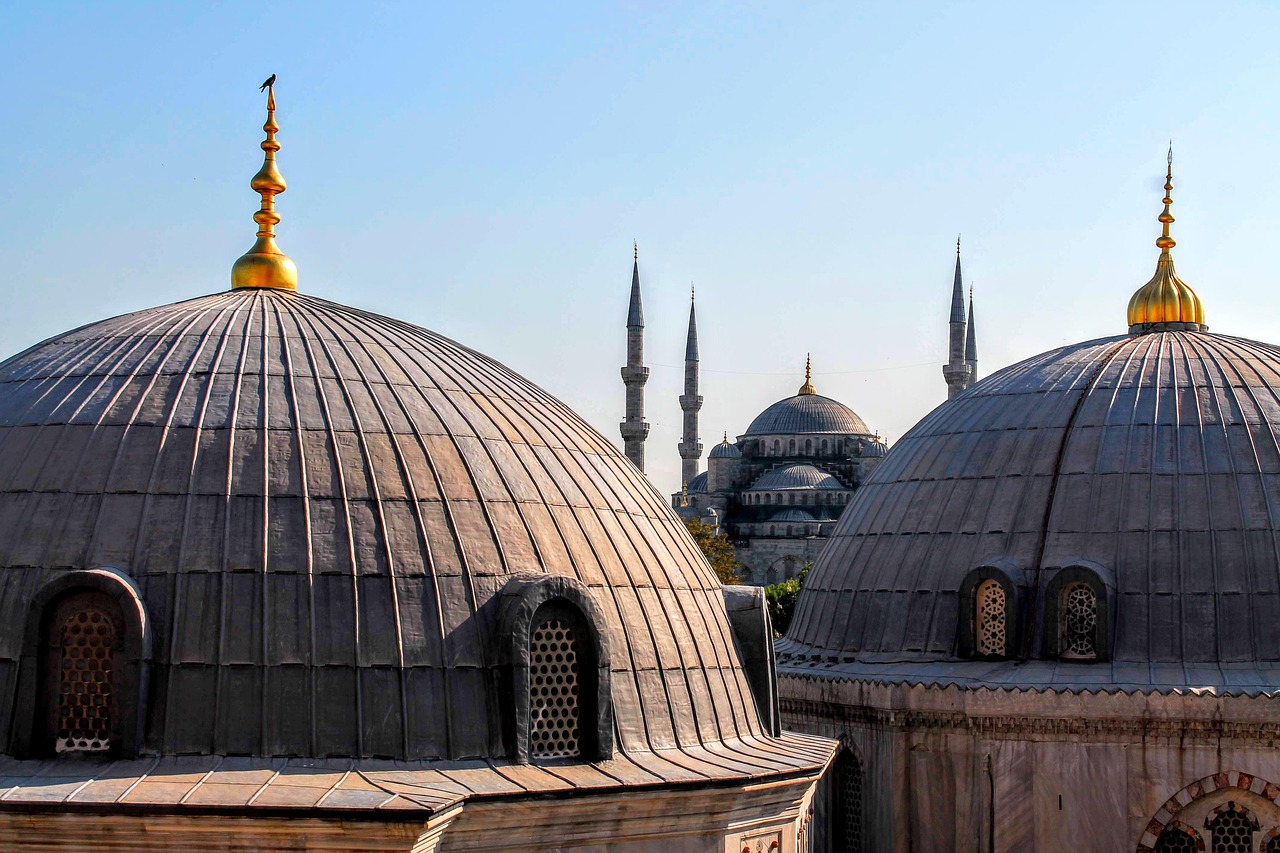 Blick über die grauen Kuppeln und spitzen Minarette der Sultan-Ahmed-Moschee.