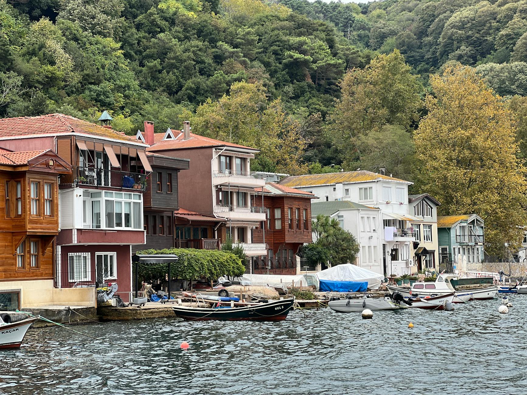Dicht bebaute Wohnhäuser am Ufer des Bosporus im historischen Viertel Sarıyer.