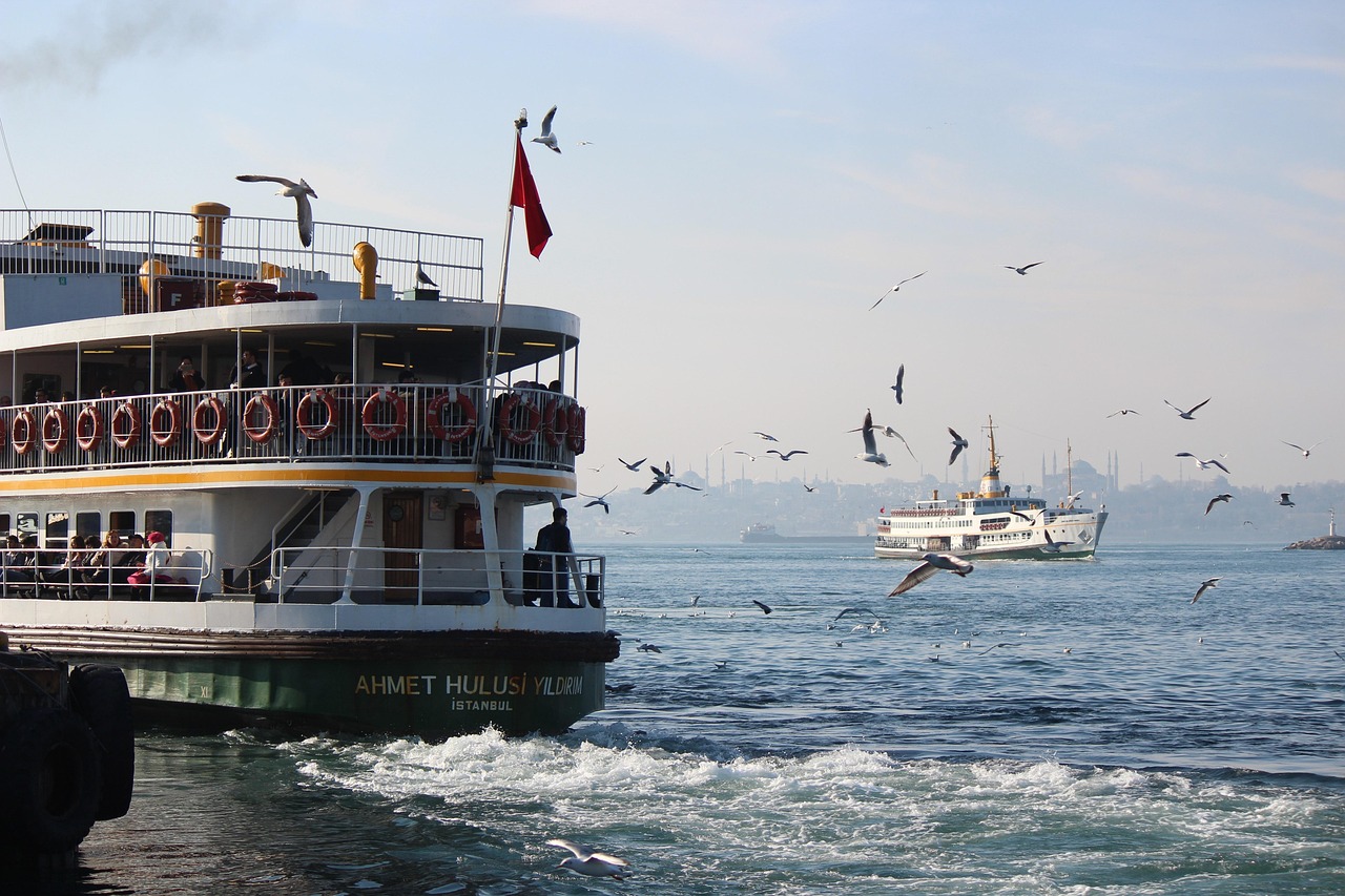 Eine klassische Istanbuler Fähre mit der Aufschrift Sarıyer fährt auf dem Bosporus.